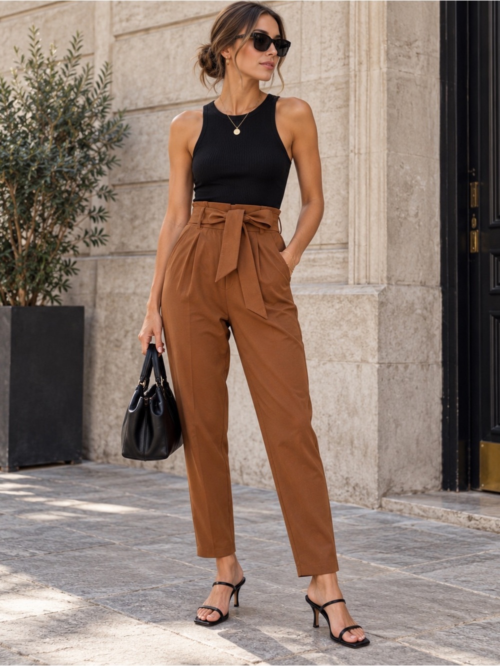 Leith Paperbag Tie Waist Trousers Tan XS